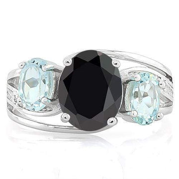 Wholesale Kings Fine Fashion Jewelry Ring Black Sapphire Blue Topaz and Diamond Accent Ring Sterling Silver